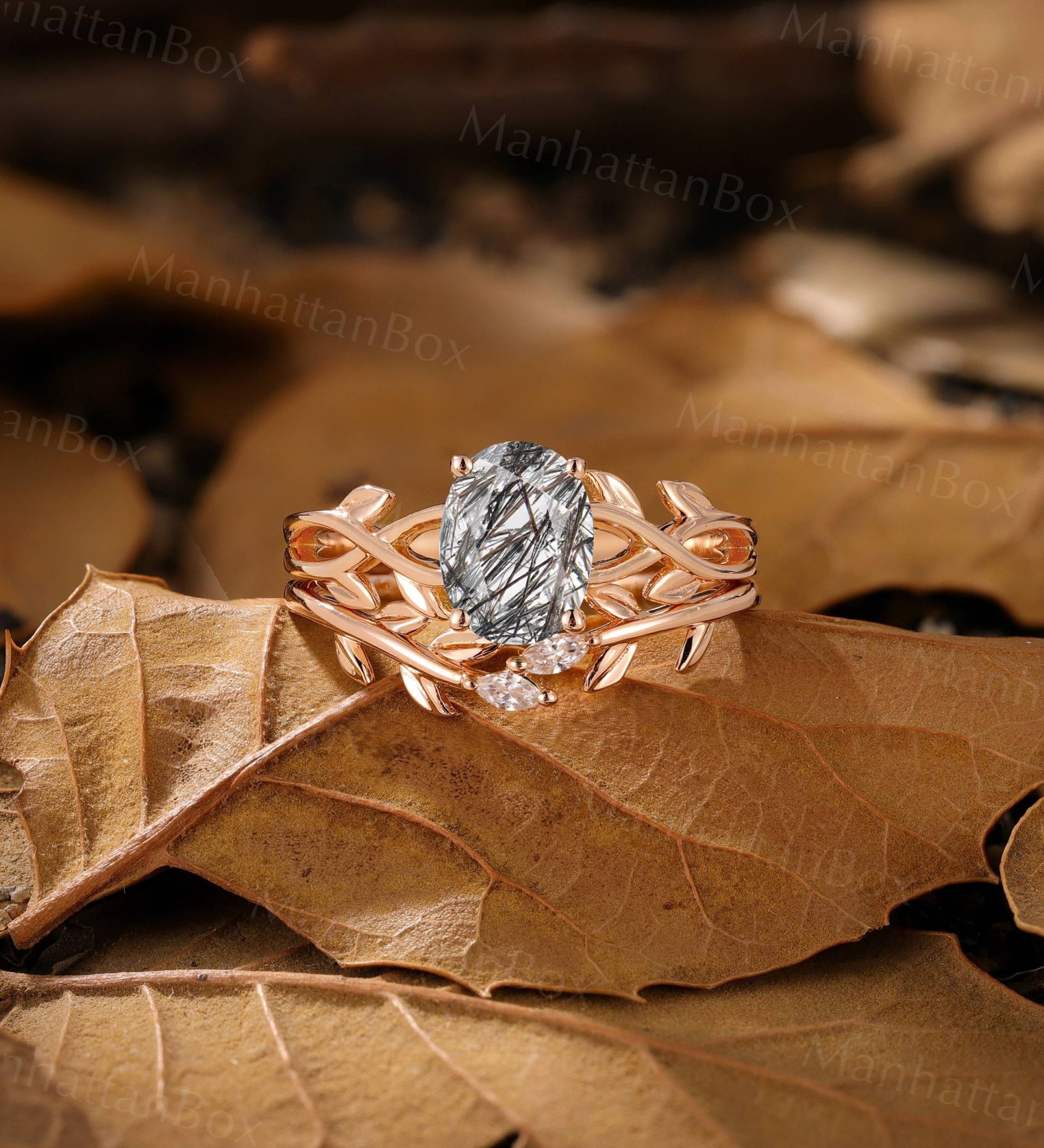 Natur Inspiriert Ovalschliff Schwarzer Rutilquarz Verlobungsring Roségold Vintage Blatt Design Twist Brautring Marquise Diamant von ManhattanBox