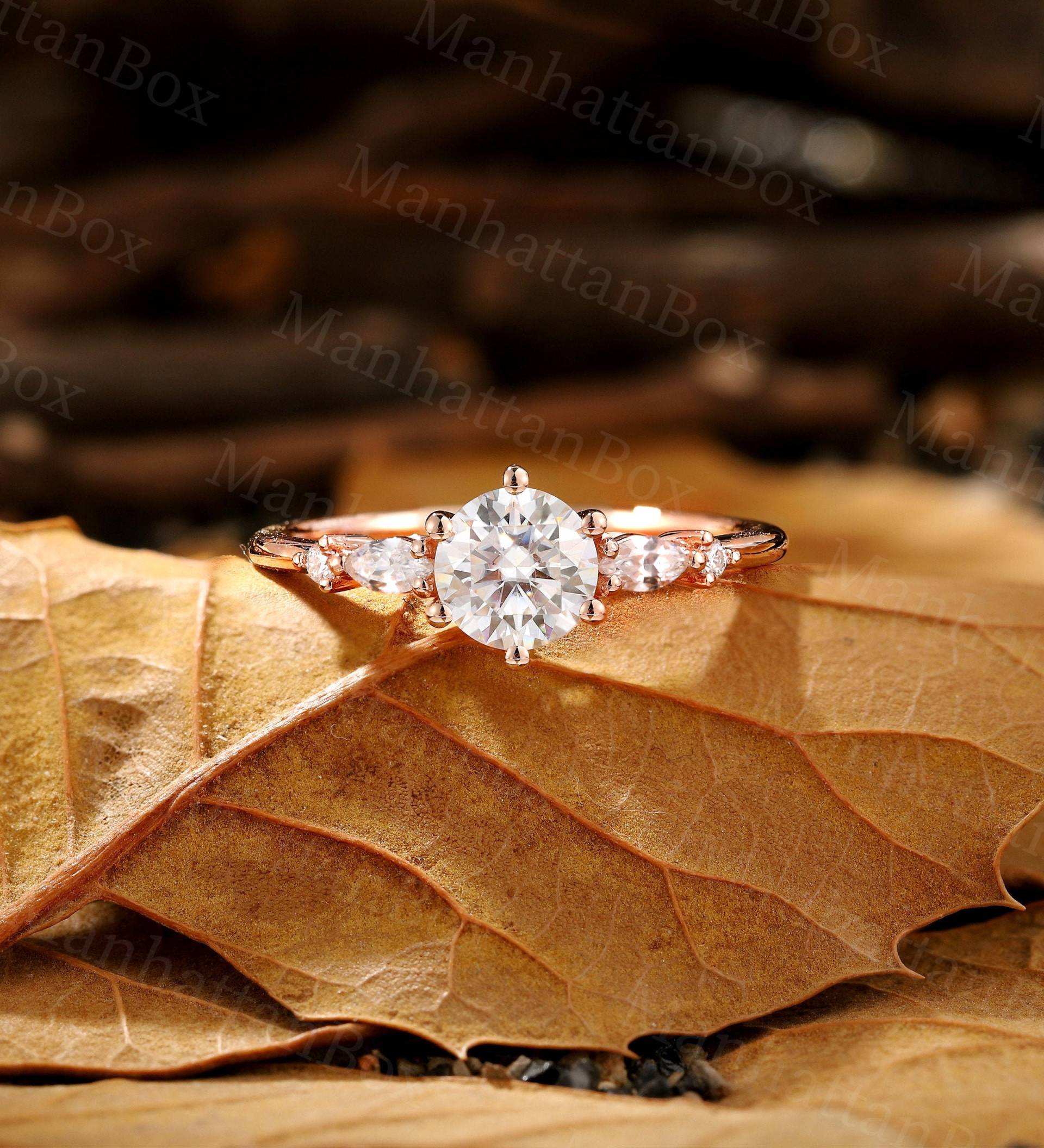 Runder Moissanit-Verlobungsring Roségold| Art-Deco-Marquise-Diamant-Cluster-Brautring| Antiker Ehering Im Krappenset| Jubiläumsring von ManhattanBox