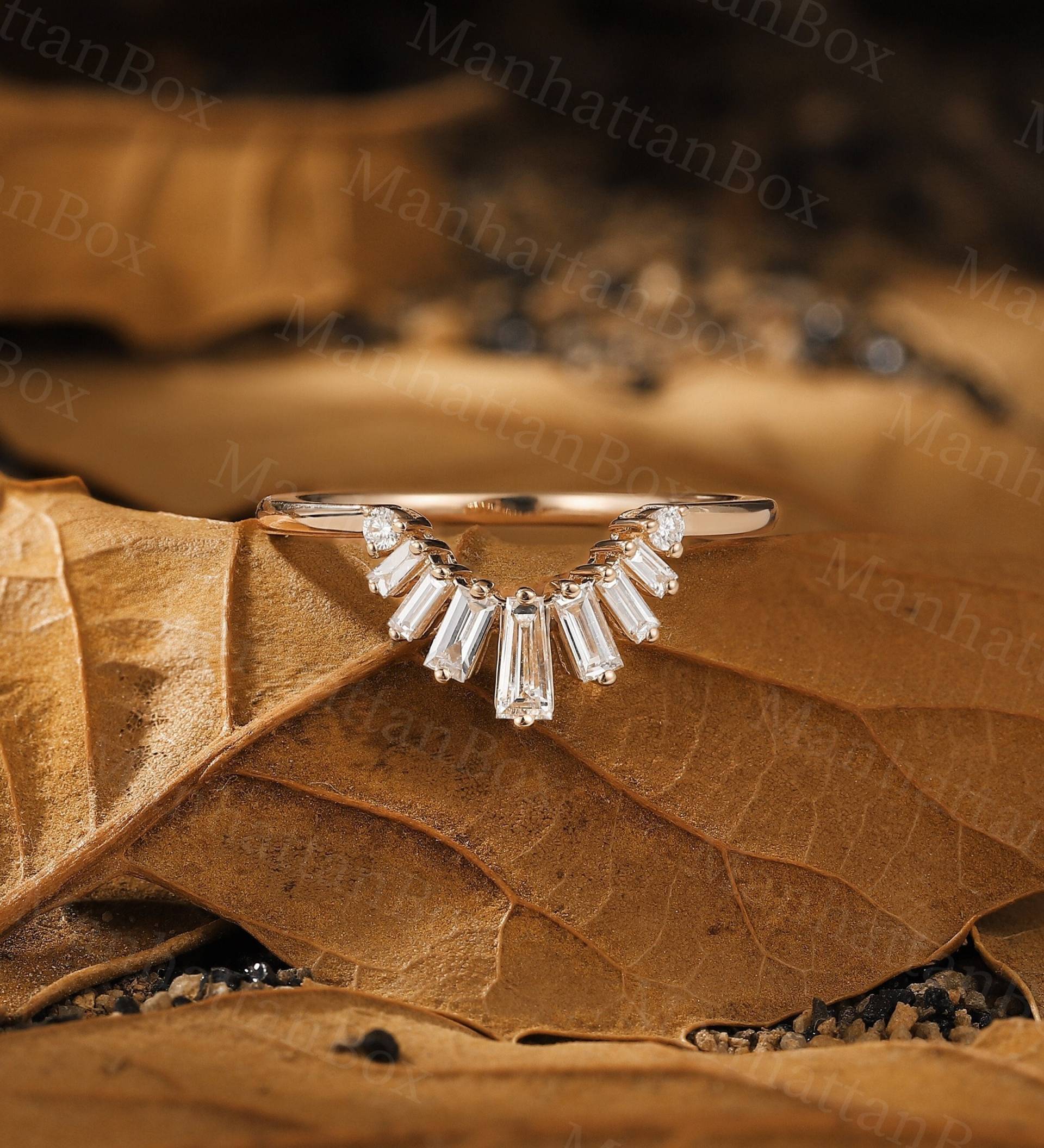 Vintage Gebogener Diamant-Ehering Roségold | Runder Und Baguette-Diamant-Brautring Stapelbarer, Passender Cz-Ehering, Jubiläumsring von ManhattanBox