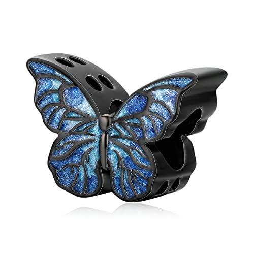 Blaue Schmetterling Charms Anhänger 925 Sterling Silber Charms passt Pandora Armband Mädchen Schmuck Perlen Geschenke für Frauen (Schwarzer Schmetterling) von wenyin