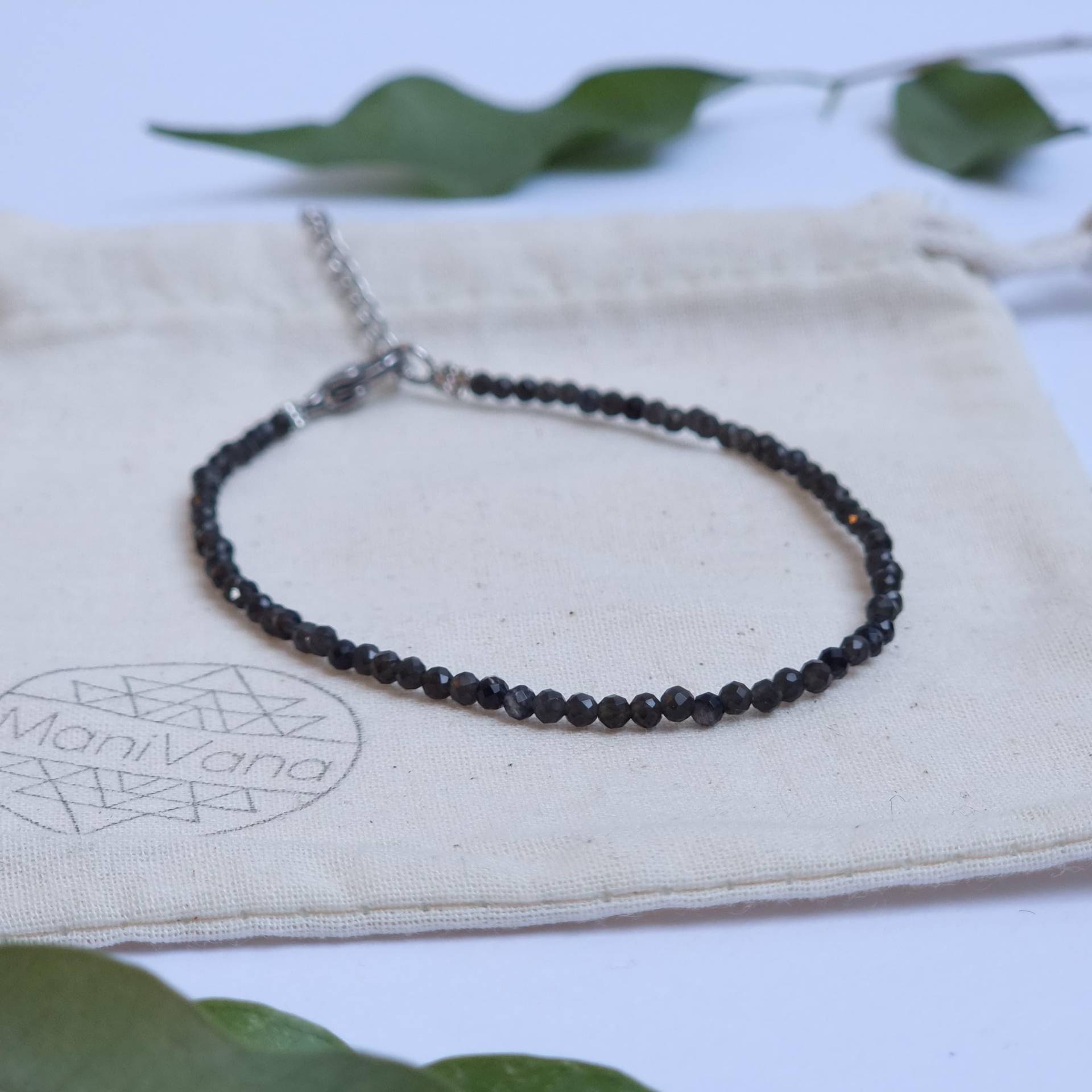 Schwarzer Obsidian Armband Facettiert | Perlenarmband Schwarz Perlen Obsidianarmband von ManiVana