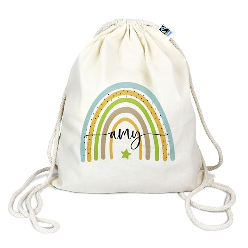 Bio Turnbeutel mit Namen personalisiert | Motiv Regenbogen mit Namen | Schuhbeutel Sportbeutel Wäschebeutel Rucksack für Kinder Jungen & Mädchen | blau grün Stern von Manilu