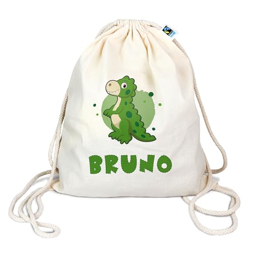 Bio Turnbeutel mit Namen personalisiert & Bedruckt | Motiv Dinosaurier | Stoffbeutel Schuhbeutel Sportbeutel Wäschebeutel Rucksack für Kinder Jungen & Mädchen | Dino 6 T-Rex Tyrannosaurus Rex von Manilu