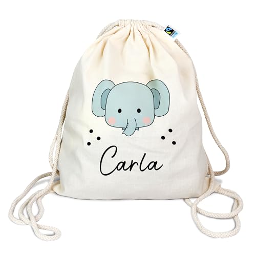 Bio Turnbeutel mit Namen personalisiert & Bedruckt | Motiv Elefant | Stoffbeutel Schuhbeutel Sportbeutel Wäschebeutel Rucksack für Kinder Jungen & Mädchen | inkl. NAMENSDRUCK von Manilu