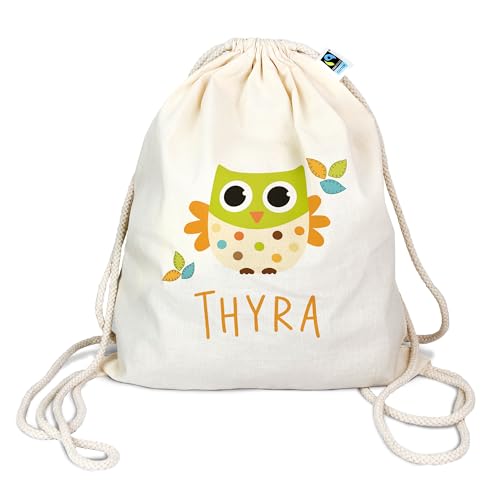 Bio Turnbeutel mit Namen personalisiert & Bedruckt | Motiv Eule | Stoffbeutel Schuhbeutel Sportbeutel Wäschebeutel Rucksack für Kinder Jungen & Mädchen | inkl. NAMENSDRUCK von Manilu