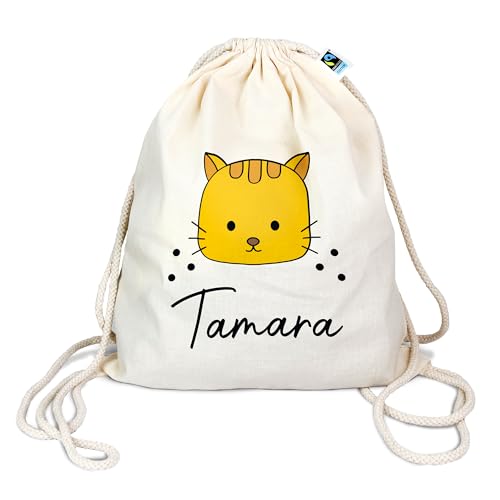 Bio Turnbeutel mit Namen personalisiert & Bedruckt | Motiv Katze Gelb | Stoffbeutel Schuhbeutel Sportbeutel Wäschebeutel Rucksack für Kinder Jungen & Mädchen | inkl. NAMENSDRUCK von Manilu