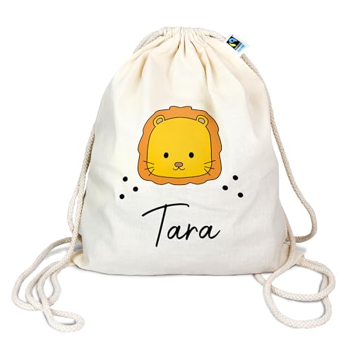 Bio Turnbeutel mit Namen personalisiert & Bedruckt | Motiv Löwe | Stoffbeutel Schuhbeutel Sportbeutel Wäschebeutel Rucksack für Kinder Jungen & Mädchen | inkl. NAMENSDRUCK von Manilu
