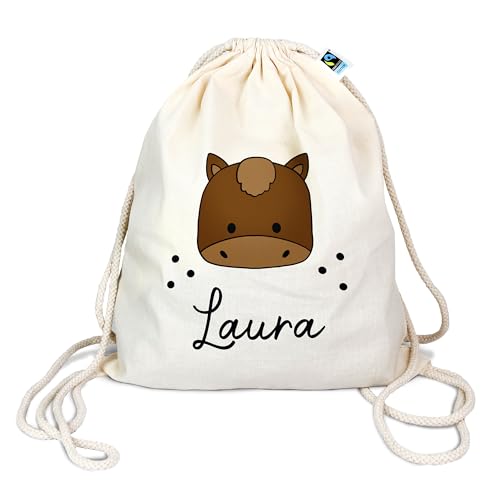 Bio Turnbeutel mit Namen personalisiert & Bedruckt | Motiv Pferd | Stoffbeutel Schuhbeutel Sportbeutel Wäschebeutel Rucksack für Kinder Jungs & Mädchen | inkl. NAMENSDRUCK von Manilu