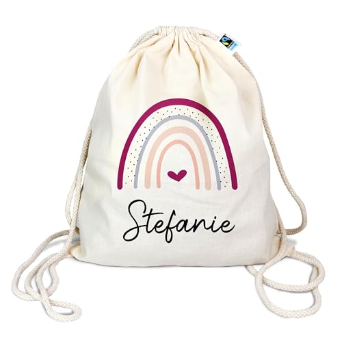 Bio Turnbeutel mit Namen personalisiert & Bedruckt | Motiv Regenbogen | Stoffbeutel Schuhbeutel Sportbeutel Wäschebeutel Rucksack für Kinder Jungen & Mädchen | inkl. NAMENSDRUCK von Manilu