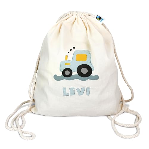 Bio Turnbeutel mit Namen personalisiert & Bedruckt | Motiv Traktor Blau | Stoffbeutel Schuhbeutel Sportbeutel Wäschebeutel Rucksack für Kinder Jungen & Mädchen | inkl. NAMENSDRUCK von Manilu