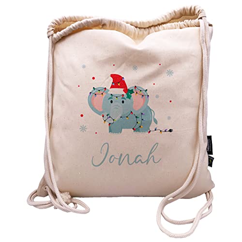 Manilu Personalisierter Turnbeutel mit Weihnachtsmotiv Elefant und eignen Namen aus Bio-Baumwolle | Rucksack | Sportbeutel | Wäschebeutel | Kinder | Geschenk (Weihnachten Elefant) von Manilu