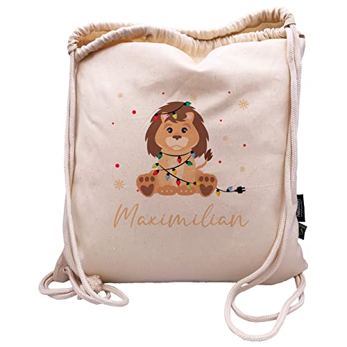 Manilu Personalisierter Turnbeutel mit Weihnachtsmotiv Löwe und eignen Namen aus Bio-Baumwolle | Rucksack | Sportbeutel | Wäschebeutel | Kinder | Geschenk (Weihnachten Löwe) von Manilu