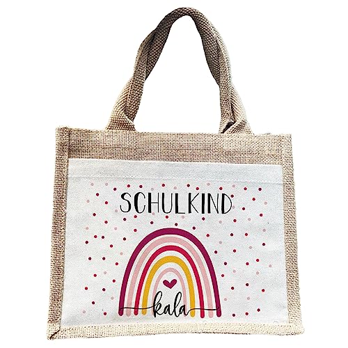 Manilu | SCHULE 2025 | Regenbogen pink- bunt | Jute Pocket Tasche | mit Wunschnamen personalisiert | Einschulungsgeschenk | Schulstart | Geschenktasche zum Schulanfang von Manilu