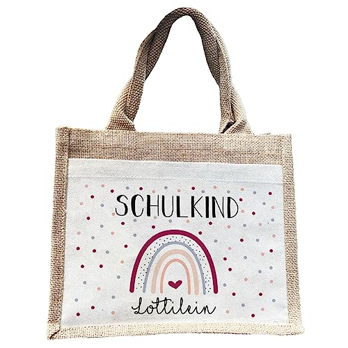 Manilu | SCHULE 2025 | Schulkind Regenbogen Lila | Jute Pocket Tasche | mit Wunschnamen personalisiert | Einschulungsgeschenk | Schulstart | Geschenktasche zum Schulanfang von Manilu