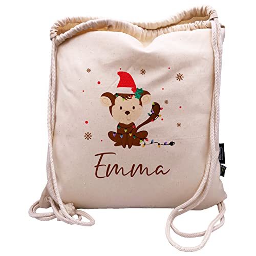 Manilu verschenkich | Weihnachten Affe | Turnbeutel aus Bio-Baumwolle | personalisiert | Rucksack | Sportbeutel | Wäschebeutel | Kinder | Geschenk von Manilu