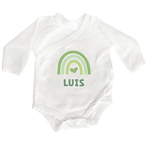 Premium Baby Body mit eigenen Namen Regenbogen Strampler personalisiert Bedrucken Langarm Babybugz Bio-Baumwolle Reborn - Geschenk zur Geburt (Regenbogen Grün, 0-3m (53-60cm)) von Manilu