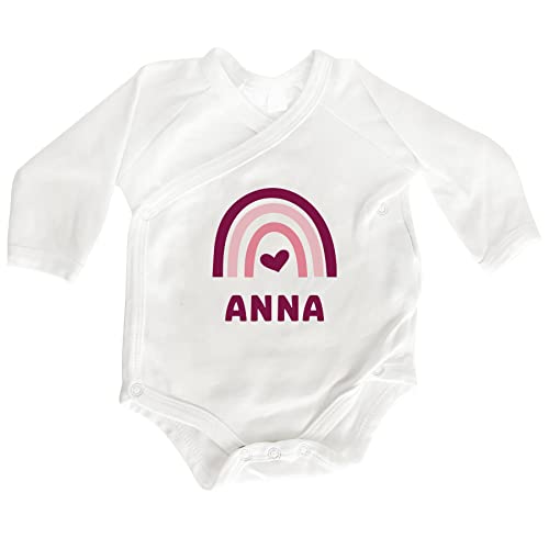 Premium Baby Body mit eigenen Namen Regenbogen Strampler personalisiert Bedrucken Langarm Babybugz Bio-Baumwolle Reborn - Geschenk zur Geburt (Regenbogen Pink, 0-3m (53-60cm)) von Manilu