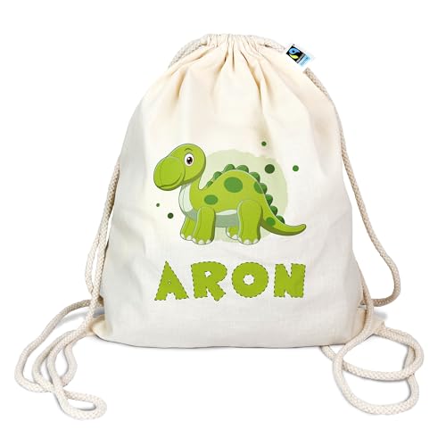 Turnbeutel mit Namen personalisiert & Bedruckt | Motiv Dinosaurier Brachiosaurus | Stoffbeutel Schuhbeutel Sportbeutel Wäschebeutel Rucksack für Kinder Jungen & Mädchen | inkl. NAMENSDRUCK von Manilu