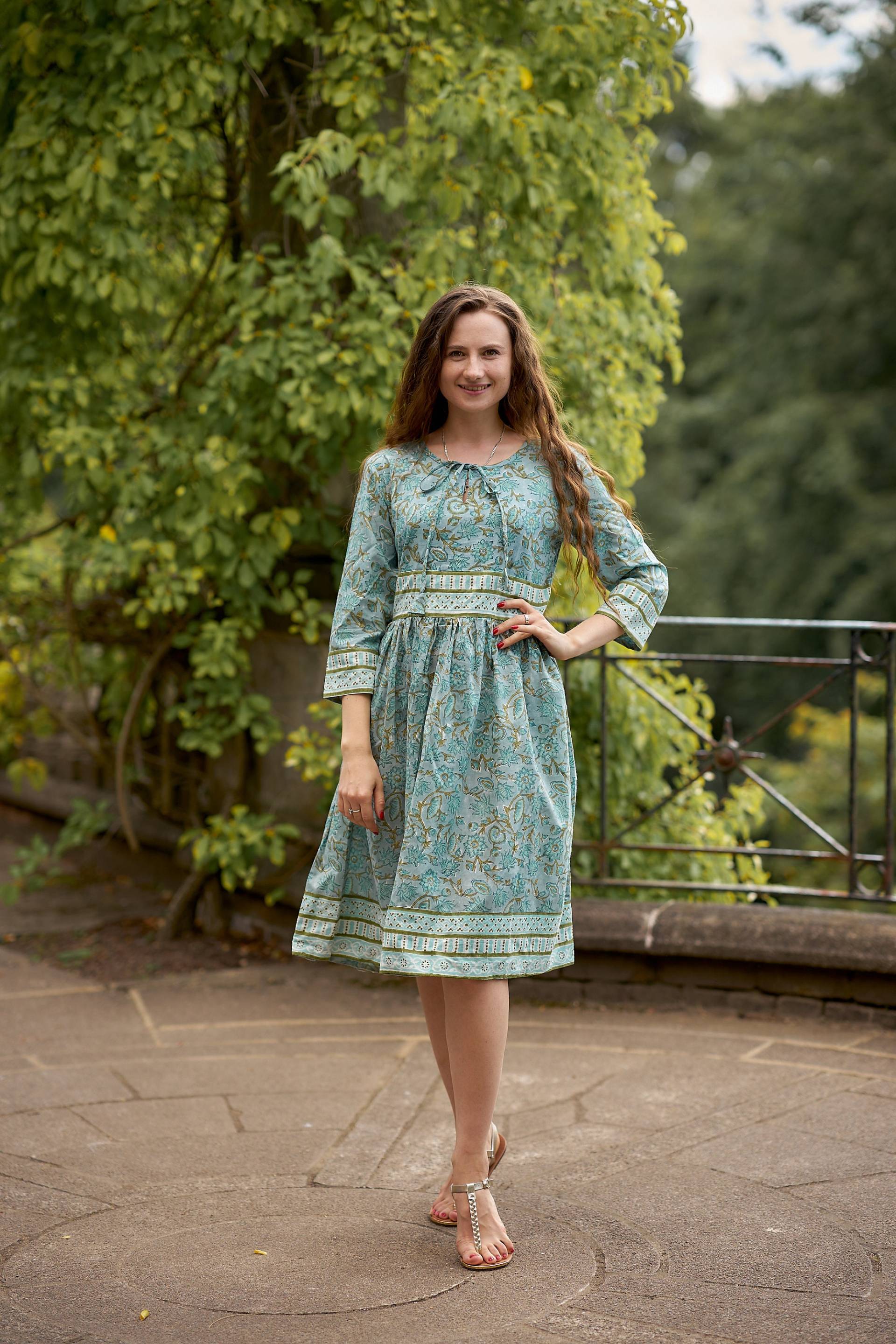 Neues Liana-Tunika Kleid, Reine Baumwolle, Handblock Bedruckt, Boho, Casual-Occasional, Urlaub, Sommer, Blau, Grün, Handarbeit, Ethical Fashion von ManiniClothing