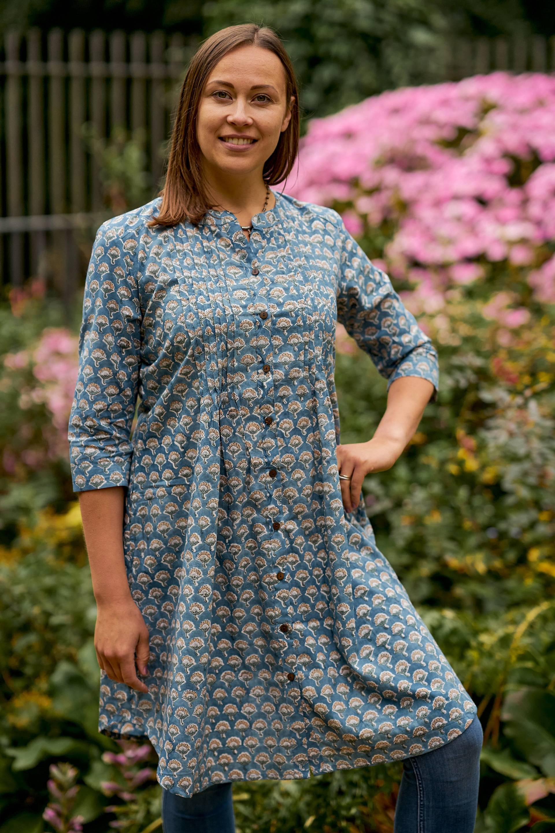 Zara-Tunika Kleid, Aus Reiner Baumwolle, Hand-Block Bedruckt, Boho, Lässig-Gelegentlich, Urlaub, Frühling-Sommer, Blau, Handarbeit von ManiniClothing