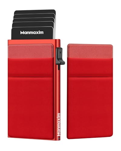 Manmaxim Kreditkartenetui Geldbörse RFID, Slim Wallet mit 2 Münzfach, Minimalist Lockcard Pop up Cardholder Wallet for Women Herren, Kartenetui 5-9 Karten Metall Aluminium Portemonnaie Rot von Manmaxim