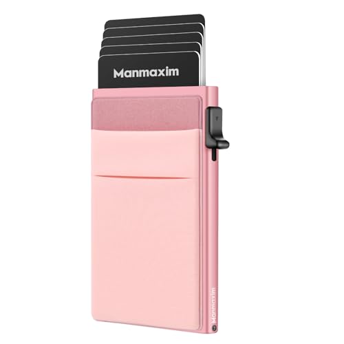 Manmaxim Kreditkartenetui Geldbörse RFID, Slim Wallet mit Münzfach, Minimalist Lockcard Pop up Cardholder Wallet for Women Herren, Kartenetui 5-7 Karten Metall Aluminium Portemonnaie Rosa von Manmaxim