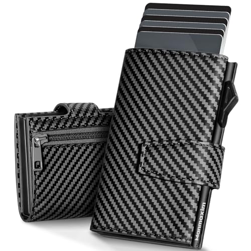 Manmaxim Geldbörse Herren, Pop up Karten Geldbeutel mit RFID Schutz, Intelligente Portmonee Herren Slim Wallet für 12 Karten & ID-Fenster, Smart Wallet mit Magnetverschluss, Kohlefaser Schwarz von Manmaxim