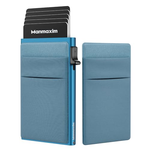 Manmaxim Kartenetui Herren, Slim Wallet mit 2 Münzfach, Kreditkartenetui Geldbörse RFID, Minimalist Lockcard Pop up Cardholder Wallet Aluminium Blau Women, 5 6 7 8 9 Karten von Manmaxim