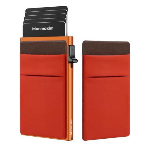 Manmaxim Kartenetui Herren, Slim Wallet mit 2 Münzfach, Kreditkartenetui Geldbörse RFID, Minimalist Lockcard Pop up Cardholder Wallet Aluminium Orange, 5-9 Karten von Manmaxim