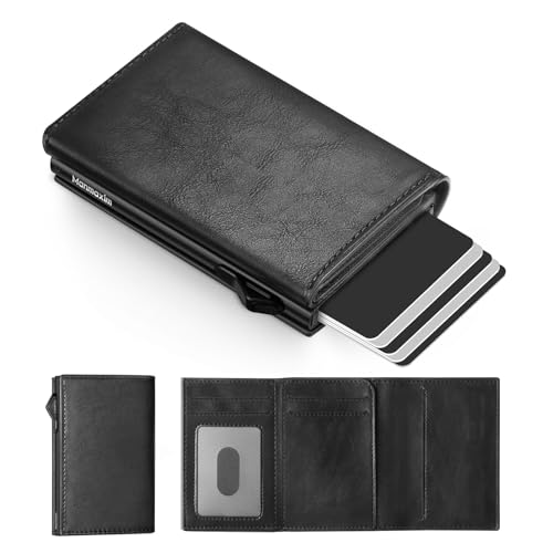 Portmonee Herren mit RFID Schutz, Pop-up Card Holder Wallet für 10+ Karten & 1 ID Fenter, Geldbörse Herren Ohne Münzfach, Karten Geldbeutel Heren Slim Wallet (Glänzendes Schwarz, Ohne Münzfach) von Manmaxim