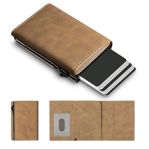 Portmonee Herren Slim mit RFID Schutz, Pop-up Kartenetui für 10+ Karten & 1 ID Fenter, Geldbörse Herren Ohne Münzfach, Kartenportmonai Heren Slim Wallet (Crazy Horse Braun, Ohne Münzfach) von Manmaxim