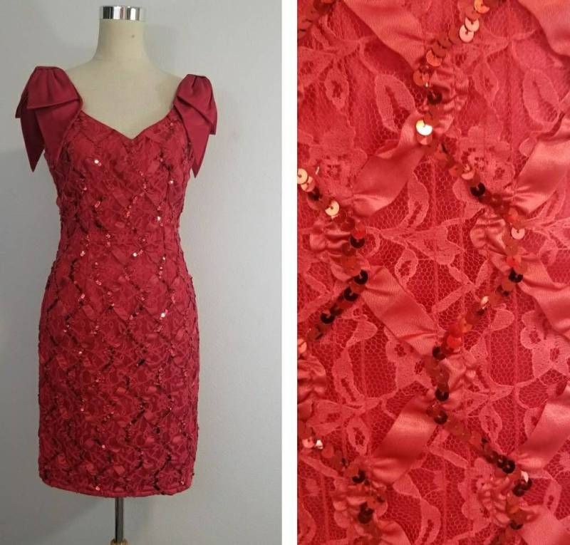 Rotes Vintage Pailletten Kleid/80Er Jahre Abendkleid Retro von MannersHouse