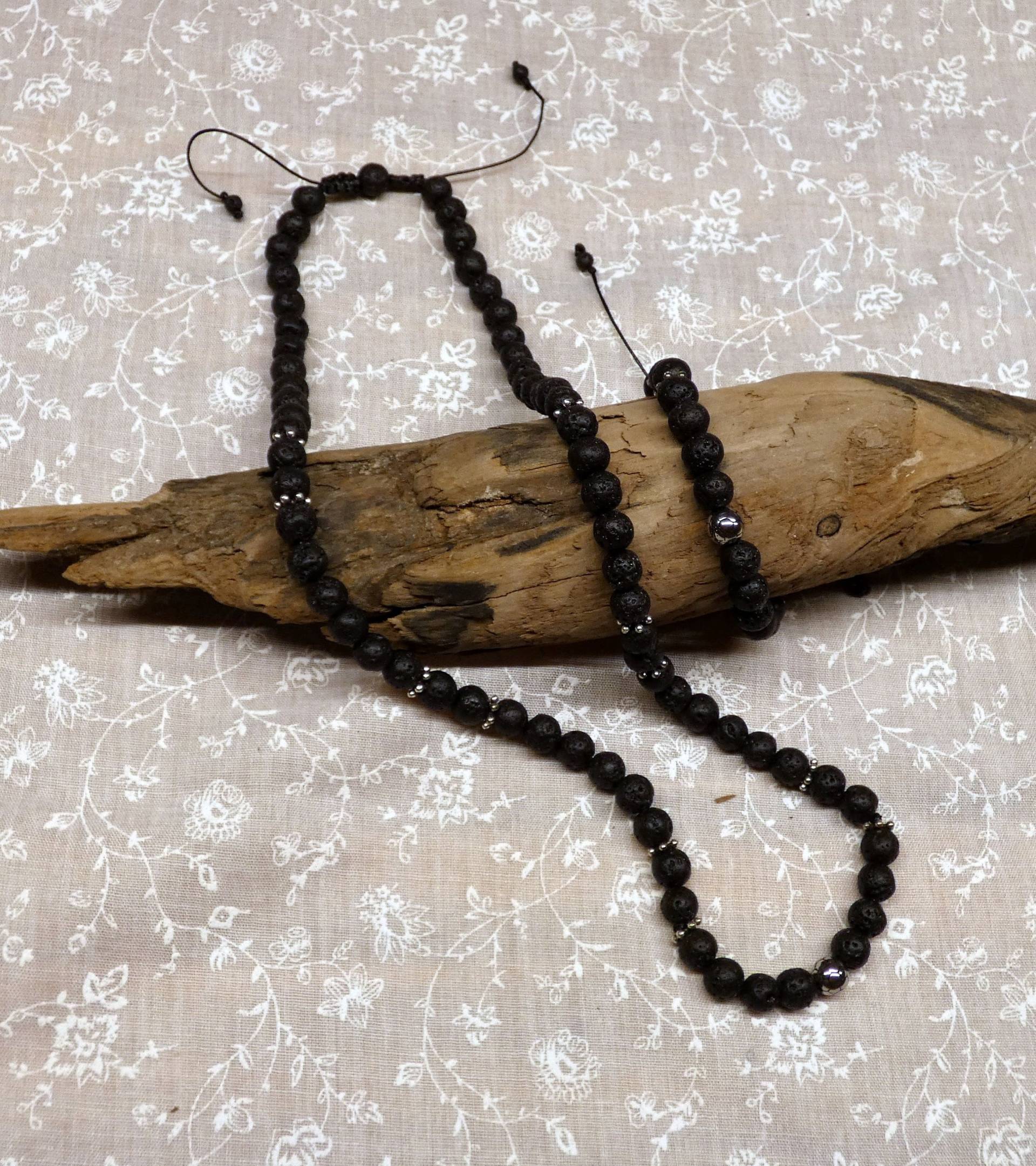 Fußballperle in Silber Mit Lavaperlen-Herren-Set-Kette-Armband, Der Länge Verstellbar, Schwarz, Auch Einzeln von MannikaBerlin