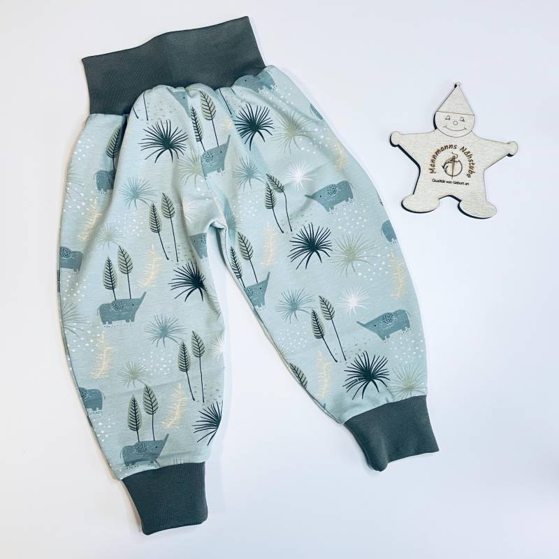 Pumphose Baby Kleinkind Hose Mit Elefant Auf Mint Gr. Größe 50/56, 62/68, 74/80, 86/92, 98/104 Jerseyhose Babyhose Jersey von MannmannsNaehstube