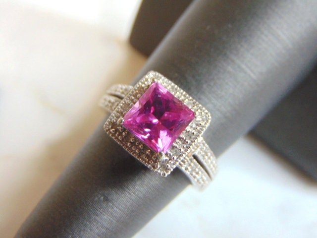 10K Weißgold Rosa Saphir Diamant Ring 3, 9G E3348 von MannysJewelry