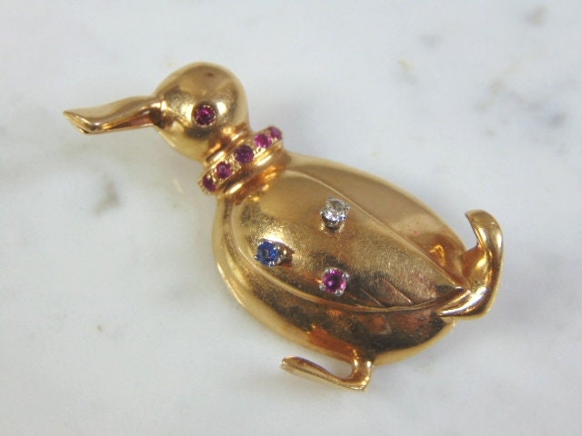 Attraktive Vintage Zustand 14K Gelbgold Enten Brosche Mit Edelsteinen, 14, 5G, E1878 von MannysJewelry