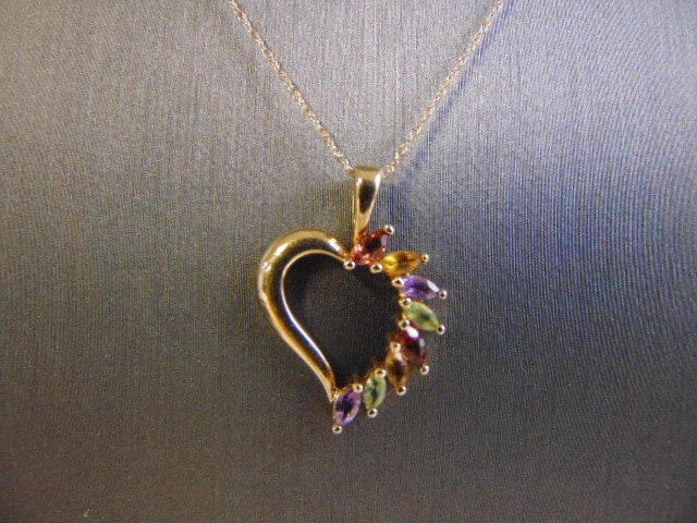 Damen Vintage Estate 14K Gold Multi Stein Herz Anhänger Mit Halskette 2.3G E2263 von MannysJewelry