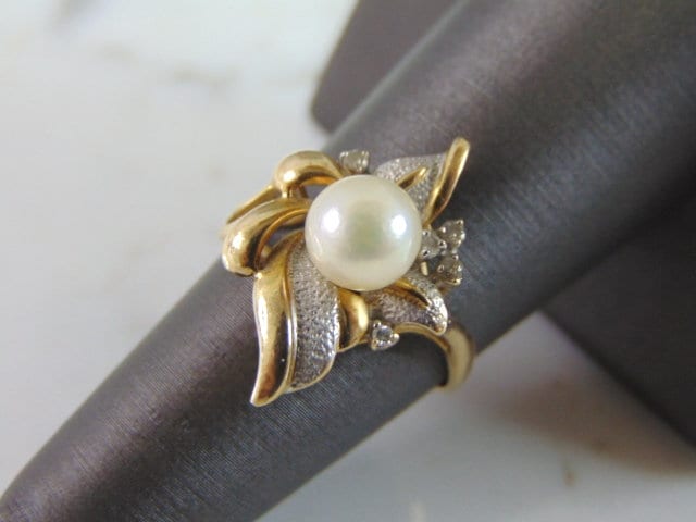 Damen Vintage Estate 14K Gold Perle & Diamant Ring 4.0G E4103 von MannysJewelry