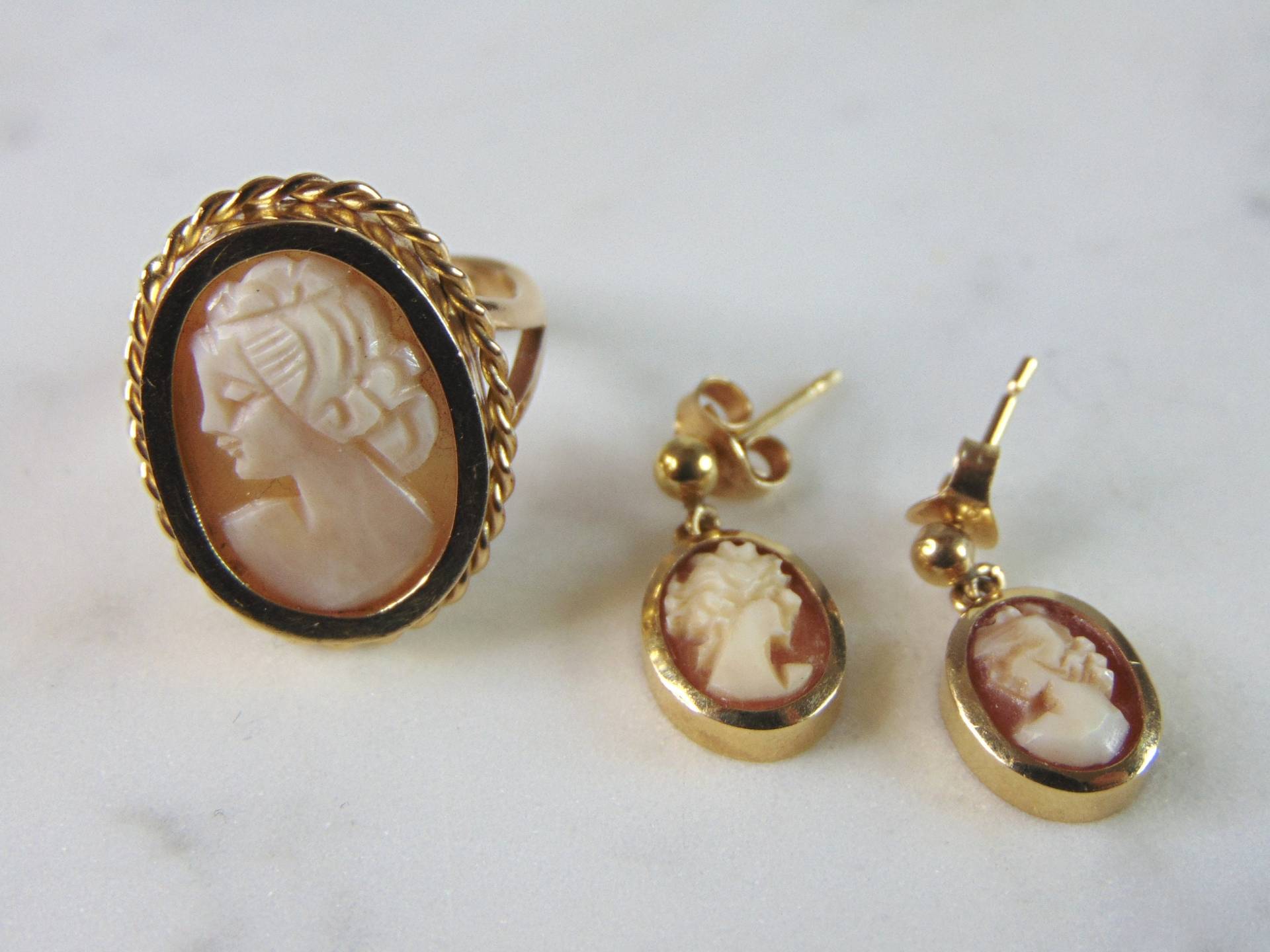 Damen Vintage Estate Cameo 18K Gelbgold Ohrringe & Ringe Set 8.5G E2365 von MannysJewelry