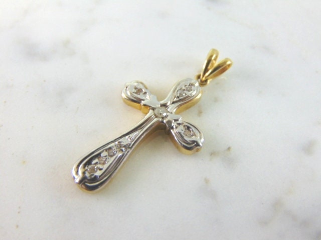 Vintage Nachlass 14K Gelb - Weißgold Diamant Kreuz Anhänger, 3.7G E4117 von MannysJewelry