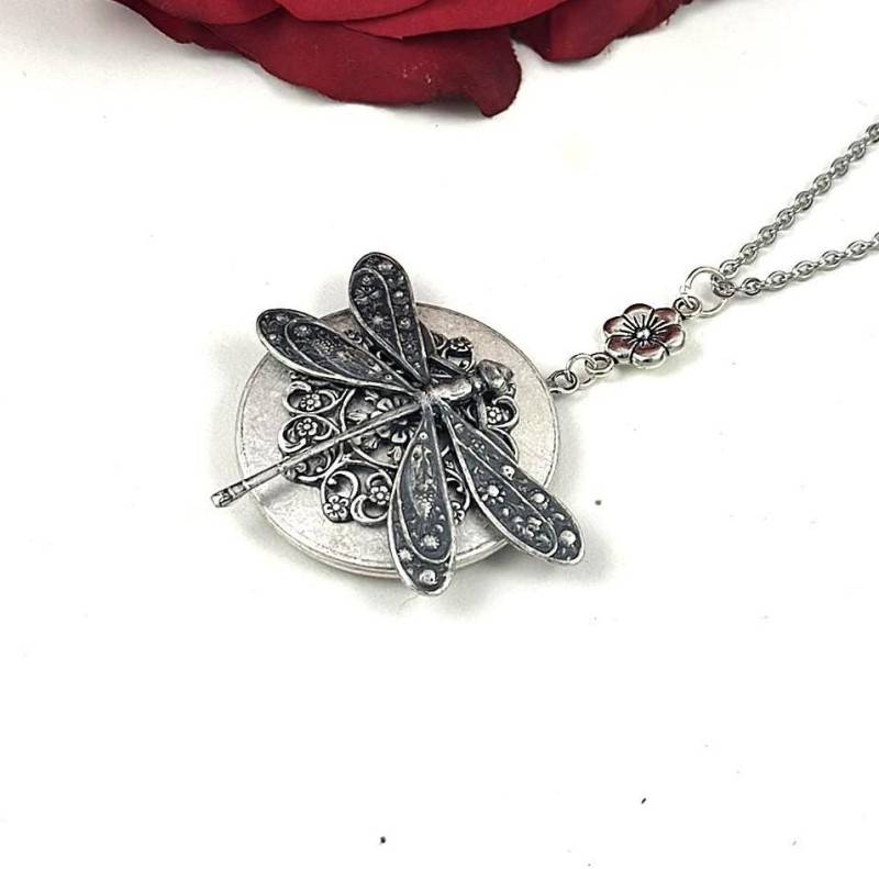 Große Libelle Medaillon, Medaillon Halskette, Silber Großes Große Libelle, Schneeflocke von ManoCelebrates