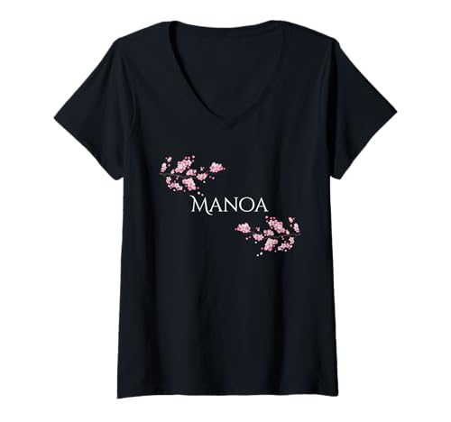 Damen Manoa-Name mit Blütenzweigen T-Shirt mit V-Ausschnitt Damen Manoa-Name mit Blütenzweigen T-Shirt mit V-Ausschnitt von Manoa name with branches