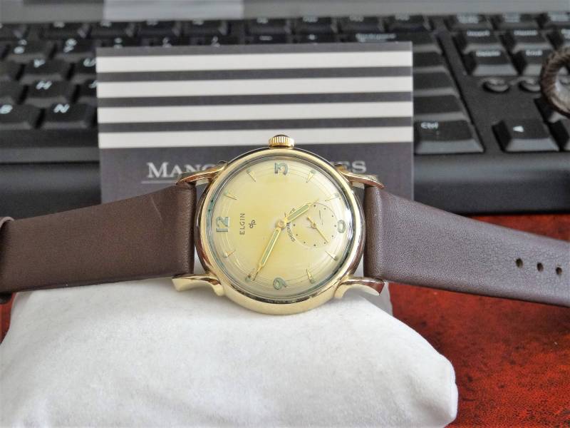 Vintage 1952 Elgin 10K Rgp Bezel Shockmaster Cal.687 Herrenuhr Mit 18mm Hadley Roma Band von ManoloWatches