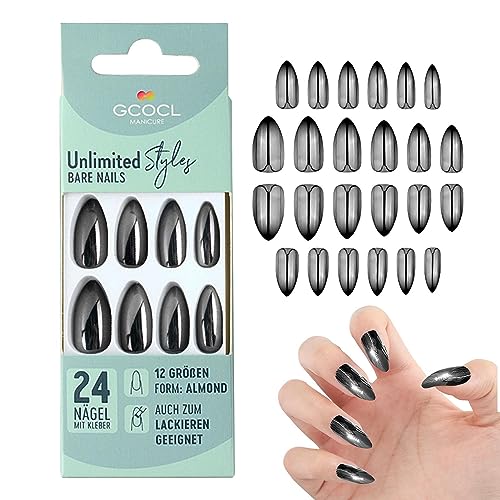 Press on Nails Medium, Reflektierender Spiegel Drücken Sie auf Nägel mit Kleber, Gefälschte Fingernägel Punk Nagelspitzen Metallbeschichtung Elegante Maniküre für Frauen Mädchen anolyee von Manolyee