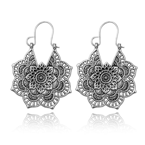 Manqyi Boho Mandala Blume Ohrringe, Silberne Dangle Earrings mit Post Fassung, 2 Count, Perfekt für Frauen und Mädchen von Manqyi