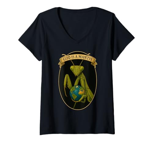 Damen God Is a Mantis - Insect Keeper Cosmic Humor T-Shirt mit V-Ausschnitt von Mantid Cult Collective