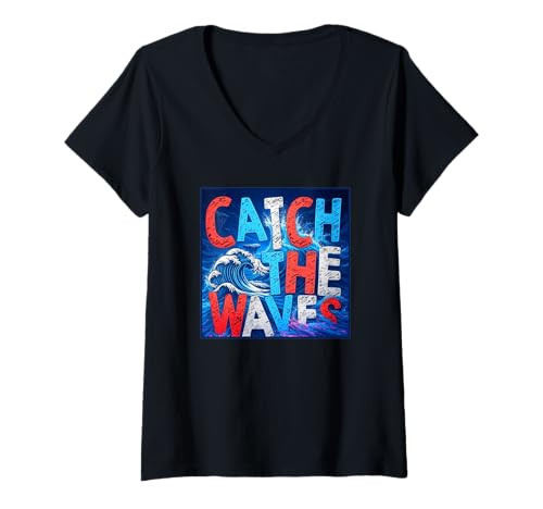 Damen Catch The Waves Fun Surfer T-Shirt mit V-Ausschnitt von Manu Bay Surf Company