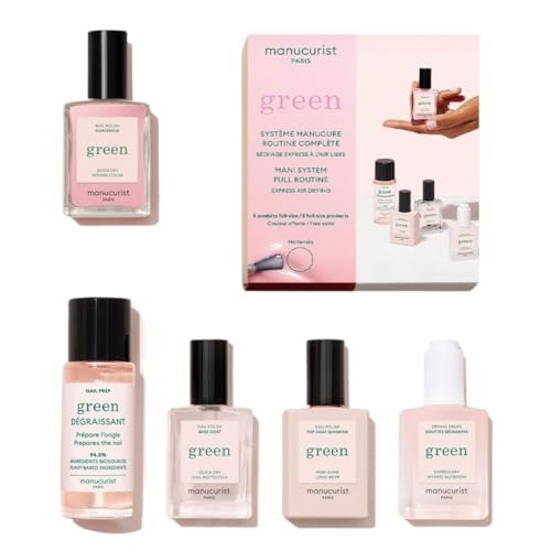 Manucurist Green™ System Rosa (Hortencia) Nagellack Set – Nägel Selber Machen - Vegan, Biobasiert: 1 Fettlöser, 1 Base Coat und Top Coat, 1 Nagellack Rose, Trocknungstropfen – Geschenk für Frauen von Manucurist