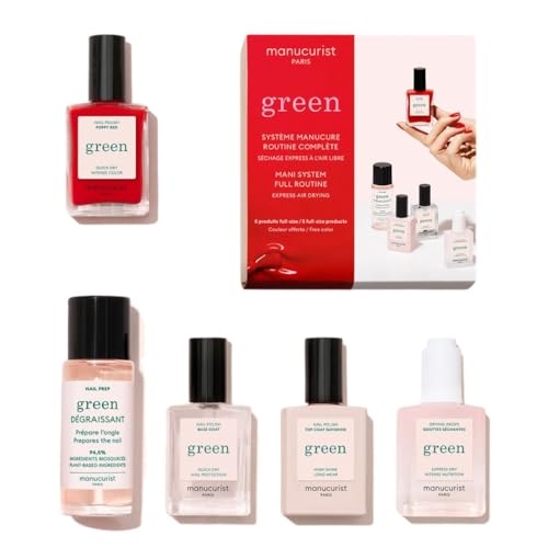 Manucurist Green™ System Rot (Poppy Red) Nagellack Set – Nägel Selber Machen - Vegan, Biobasiert: 1 Fettlöser, 1 Base Coat und Top Coat, 1 Nagellack Poppy Red, Trocknungstropfen – Geschenk für Frauen von Manucurist