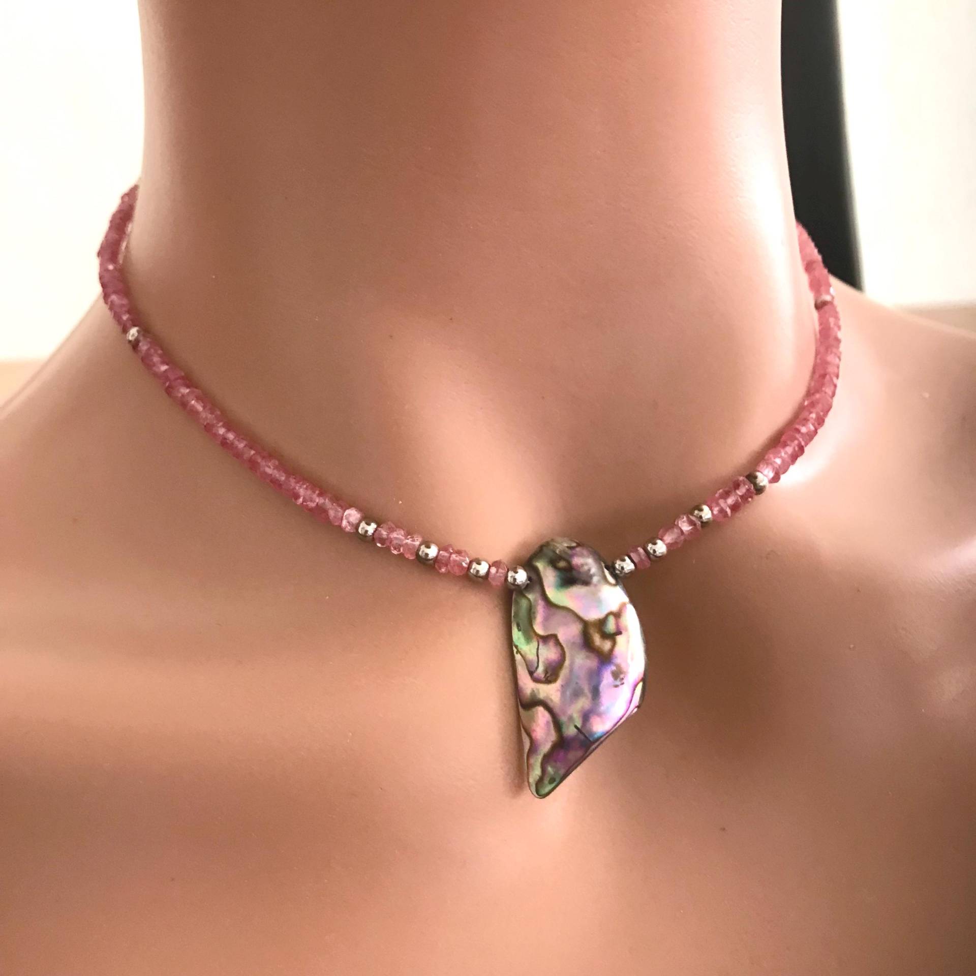 Rosa Lichtspiel Topas-Halskette, 3 Mm, Abalone Mittelstück, Silberkügelchen, 39 cm, Mit 12 cm Verlängerungskette, 925 Silber von ManufaktumKaufmann